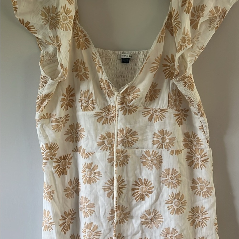 American Eagle Outfitters Cream and Brown Flutter Sleeve Mini Dress